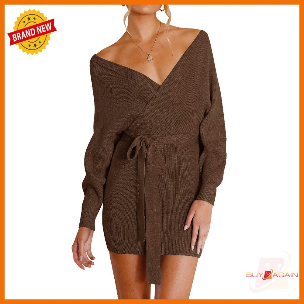 Long Batwing Sleeve Wrap V Neck Knitted Bodycon Sweater Dress with Belt